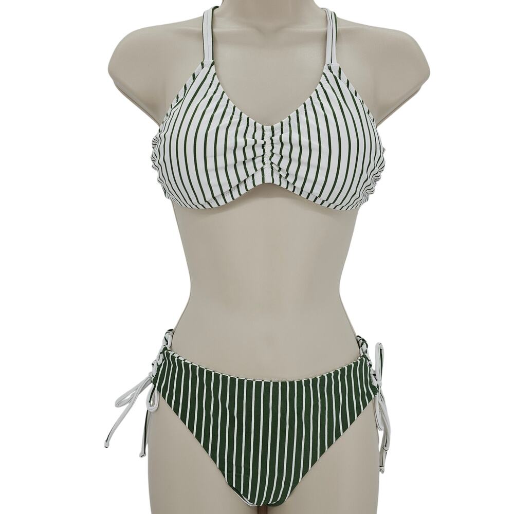 Cupshe Womans size S 2 Piece Bikini Back Braid Strap Reversible Bottom Green NEW